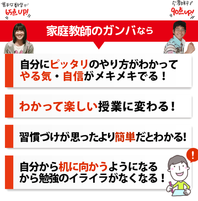 家庭教師のガンバ　自信　楽しい　点数アップ　机に向かう